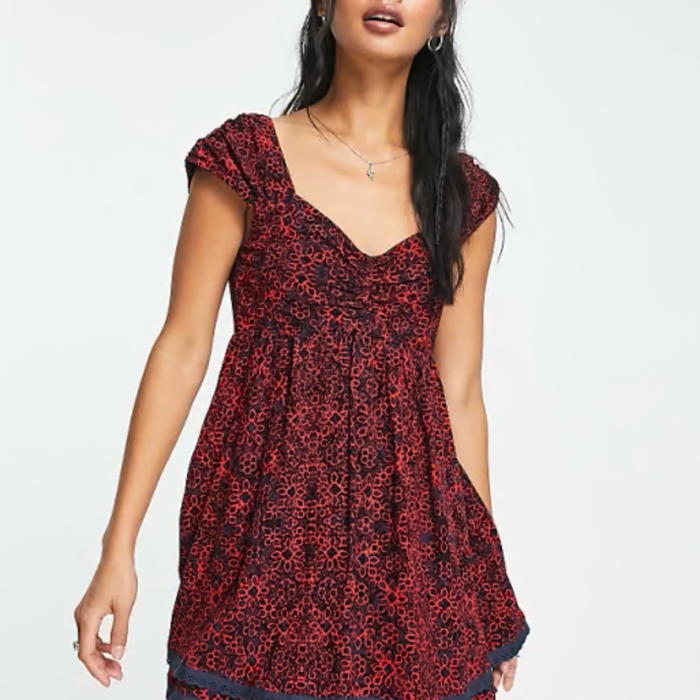 Free People Red and Black Ruffled Cap Sleeve Dress